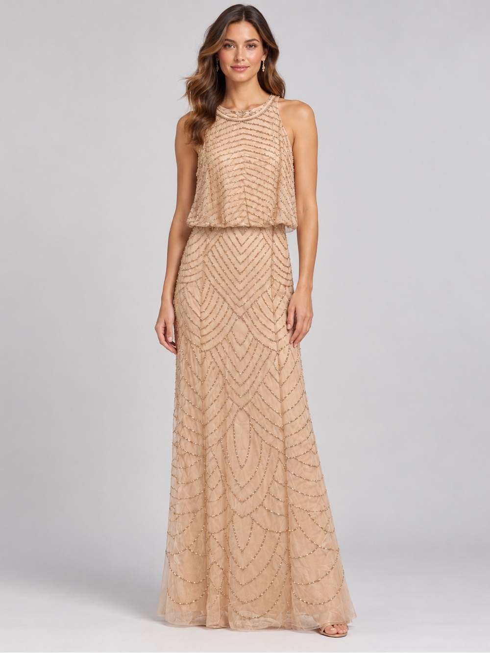 Adrianna Papell Nude Beaded Blouson Halter Maxi Gown